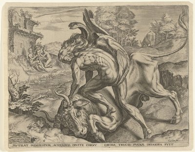 Hercules painii Achelousin kanssa Labors of Hercules (sarjan nimi) tekijältä Cornelis Cort