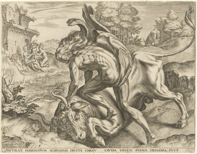 Hercules painii Acheloüsin kanssa Labors of Hercules (sarjan nimi) tekijältä Cornelis Cort