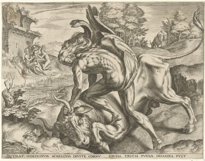 Hercules painii Acheloüsin kanssa Labors of Hercules (sarjan nimi) tekijältä Cornelis Cort