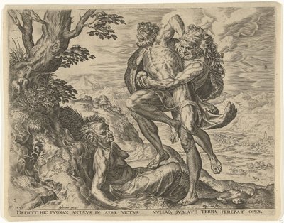 Hercules painii Antaeuksen kanssa Labors of Hercules (sarjan nimi) tekijältä Cornelis Cort