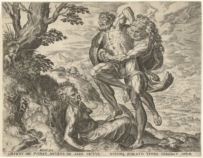 Hercules painii Antaeuksen kanssa Labors of Hercules (sarjan nimi) tekijältä Cornelis Cort