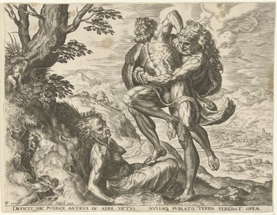 Hercules painii Antaeuksen kanssa Labors of Hercules (sarjan nimi) tekijältä Cornelis Cort