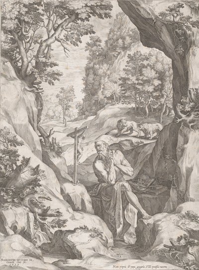 Pyhä Hieronymus katuva erämaassa, 1573. tekijältä Cornelis Cort