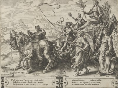 Rauhan voitto, teoksesta The Cycle of the Vicissitudes of Human Affairs, levy 8, 1564. tekijältä Cornelis Cort