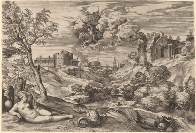 Maisema Roger Liberating Angelican kanssa tekijältä Cornelis Cort after Titian
