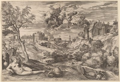 Maisema Roger Liberating Angelican kanssa tekijältä Cornelis Cort after Titian