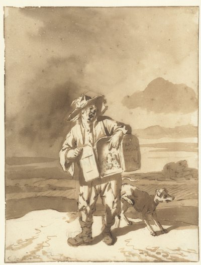 Nuori mies kurkistusnäyttelyn ja koiran kanssa Poika katselulaatikon ja koiran kanssa, n. 1700 tekijältä Cornelis Dusart