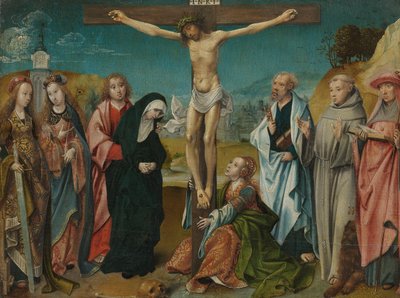Kristus ristillä Marian, Johanneksen, Magdalan Marian ja Pyhän Cecilian ja Barbaran (vasemmalla) sekä Pietarin, Franciscuksen ja Hieronymuksen (oikealla) kanssa tekijältä Cornelis Engebrechtsz
