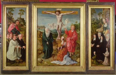 Ristiinnaulitsemisen triptyykki: St. Barbara lahjoittajien kanssa (oikea siipi); Pyhä Jaakob Suurempi lahjoittajien kanssa (vasen siipi); Ristiinnaulitseminen (keskellä) tekijältä Cornelis Engebrechtsz