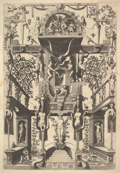 Fantastinen arkkitehtuurirakenne, jossa on strapwork ja kaksi pergolaa ja pieni kohtaus Vu..., 1557. tekijältä Cornelis Floris Ii