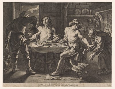 Jupiter ja Merkurius Philemonin ja Baucisin talossa tekijältä Cornelis Galle (I)