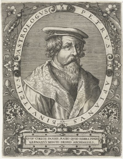 Peter Apianuksen muotokuva Petrus Apianus Binuitzius (otsikko esineessä) tekijältä Cornelis Galle (I)