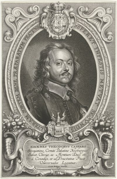 Portretti Johann Theodor Caspars Maailman rauhoittamiseen tähtäävän kristillisen nimen tunnetuimmat lähettilät, luostari ja Osnabruga (...) (sarjan nimi) tekijältä Cornelis Galle (II)