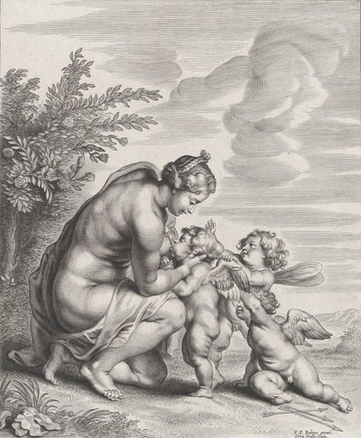 Venus imettää kolmea Cupidoa maisemassa, n. 1627-78. tekijältä Cornelis Galle II