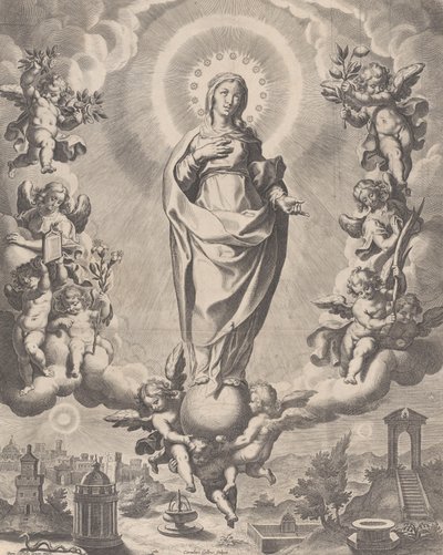 Neitsyt kirkkaudessa, seisoo pilvien päällä ja ympäröimänä enkeleillä, joilla on symbolit ..., 1595-1633. tekijältä Cornelis Galle I