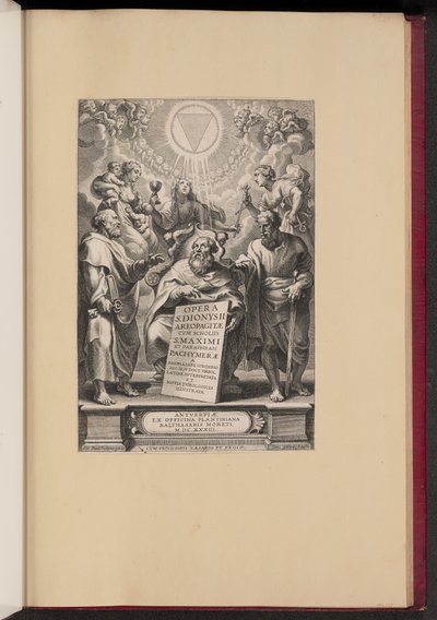 Nimisivu Balthasar Cordierin teokselle "Pyhän Dionysios Areopagiitin teokset, minä" tekijältä Cornelis Galle I after Sir Peter Paul Rubens