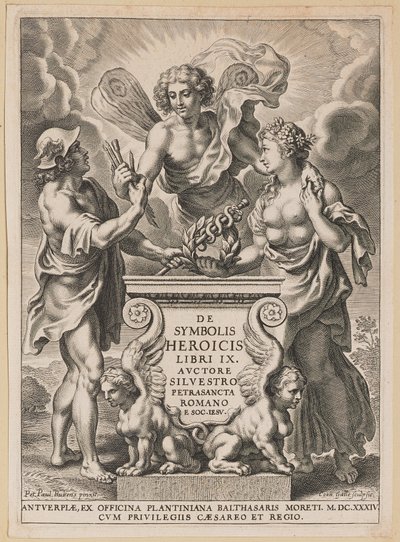 Silvester Pietrasantan nimikkosivu sankarillisista symboleista tekijältä Cornelis Galle I after Sir Peter Paul Rubens