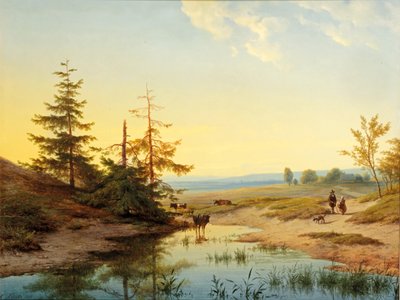 Nummi hahmoineen ja karjalammen rannalla tekijältä Cornelis Lieste