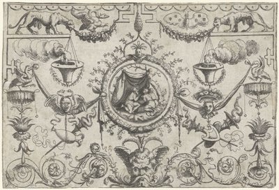 Ornamentti, jossa kolme hahmoa polvistuu liinan alla tekijältä Cornelis Massijs (attributed to)
