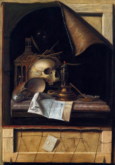 ""Nature morte a la vanite"" (Vanitas-asetelma) Peinture de Cornelis Norbertus Gysbrechts ou Gijsbrechts (1630 - 1675) Öljy kankaalle Koko 89x62 cm Yksityiskokoelma tekijältä Cornelis Norbertus Gysbrechts