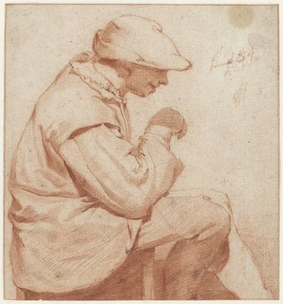 Istuva mies, jolla on pehmeä lippalakki, profiilissa oikealla, oikea käsi koholla tekijältä Cornelis Pietersz. Bega (attributed to)