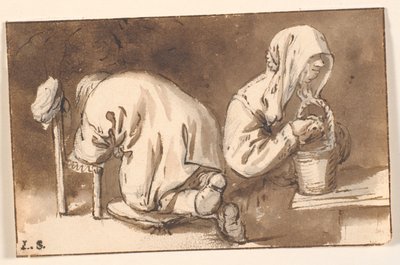Polvistuva mies ja nainen korin kanssa tekijältä Cornelis Pietersz Bega
