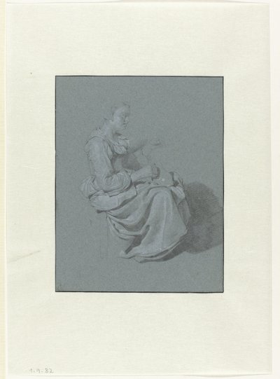 Istuva nainen profiilissa oikealla, kannu oikeassa kädessään tekijältä Cornelis Pietersz. Bega