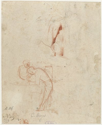 Luonnos kahdesta seisovasta hahmosta ja verhotutkimus tekijältä Cornelis Pietersz. Bega