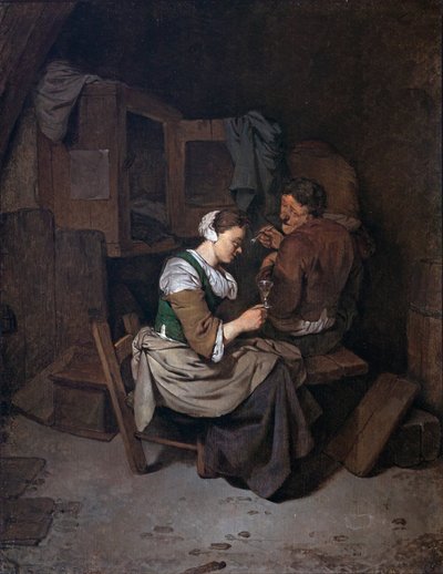 Nainen viinilasin kanssa ja kaksi miespuolista talonpoikaa tekijältä Cornelis Pietersz Bega