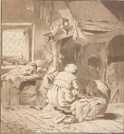 Maalaistalon sisustus kahden naisen kanssa tekijältä Cornelis Ploos van Amstel (signed by artist)