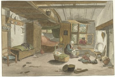 Sisustus naisen kanssa pinnasängyssä tekijältä Cornelis Ploos van Amstel (signed by artist)