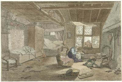 Sisustus naisen kanssa pinnasängyssä tekijältä Cornelis Ploos van Amstel (signed by artist)