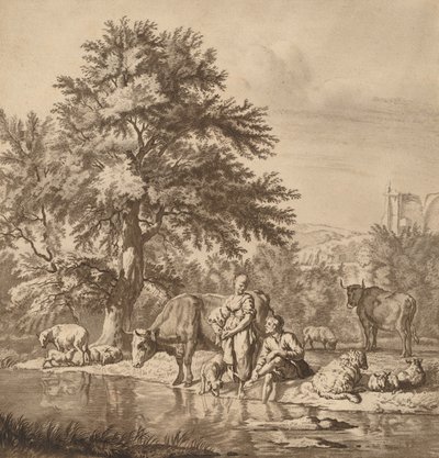 Paimen ja paimentar laumansa kanssa, 1763, julkaistu 1765. tekijältä Cornelis Ploos van Amstel