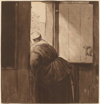Nainen nojaa alemman oven yli, 1761, julkaistu 1765. tekijältä Cornelis Ploos van Amstel