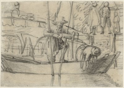 Mies ja nainen veneessä rannalla tekijältä Cornelis Saftleven (attributed to)