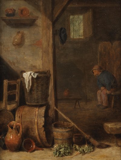 Keittiön sisustus ja viereisessä huoneessa istuva hahmo tekijältä Cornelis Saftleven