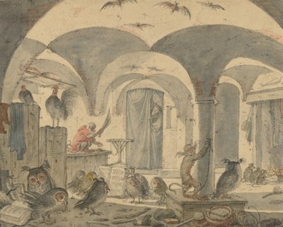 Lumottu kellari eläinten kanssa tekijältä Cornelis Saftleven