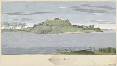 Fort Caliture Ceylonissa joesta katsottuna Fortres Caliture Revierin puolelta (otsikko esineessä) tekijältä Cornelis Steiger