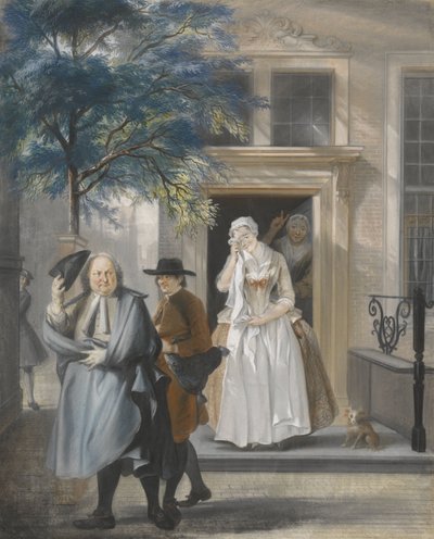 "The Feigned Sorrow": Ensimmäinen näytös, yksitoista kohtaus David Lingelbachin komediasta "Discovered Apparent Virtue" (1687) tekijältä Cornelis Troost