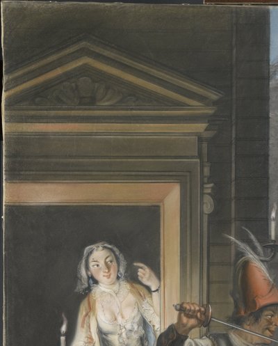 Lahjontakohtaus Johan van Paffenroden (1661) komedian "Hopman Ulrich tai petetty ahneus" toisesta näytöksestä. tekijältä Cornelis Troost