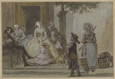 Hurdy-gurdy soitin kuuntelevalle perheelle kaupunkiasunnon kynnyksellä tekijältä Cornelis Troost