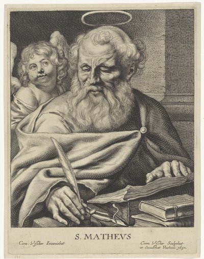 Evankelista Mattheüs S. MATHEVS (otsikko esineessä) Vier evangelisten (sarjan nimi) tekijältä Cornelis Visscher (II)