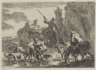 Paimenet karjan kanssa kahlaa virran läpi Maisemat (sarjan nimi) tekijältä Cornelis Visscher (II)