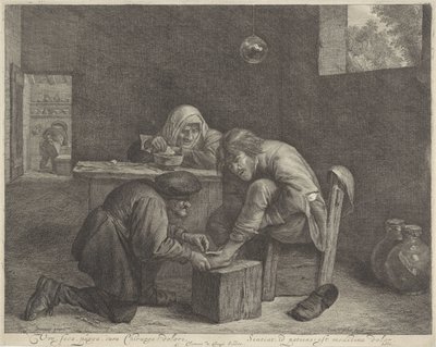 Mies lääkärissä Rauha, seca, purga, cura Kirurgi! dolori (otsikko esineessä) tekijältä Cornelis Visscher (II)