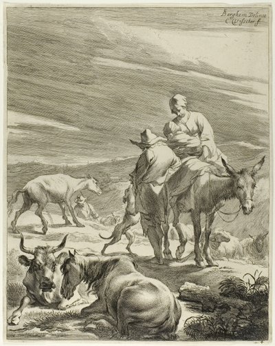 Äiti ja aasin selässä ratsastava lapsi, levy 4 teoksesta Four Landscapes (Neljä maisemaa). tekijältä Cornelis Visscher