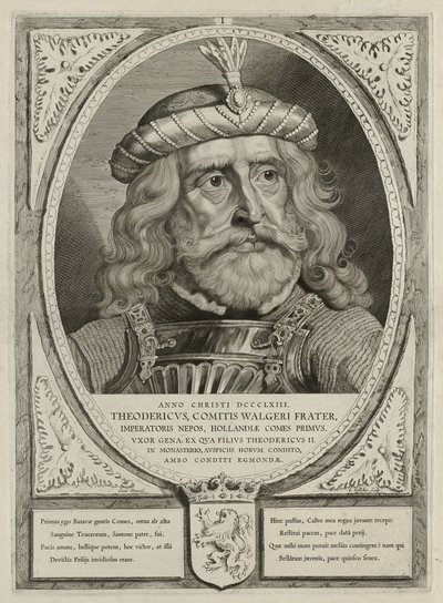 Dirk I, Hollannin kreivi, haarniskassa. Kehystä koristaa Alankomaiden vaakuna. NL-HlmNHA 1477 53012894 tekijältä Cornelis Visscher
