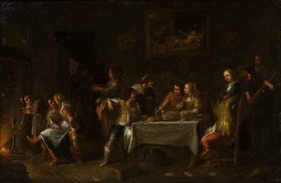 Naiset ja herrat juhlimassa pöydän ympärillä, n. 1612-67 (öljy, kangas ja paperi) tekijältä Cornelis de (attr. to) Wael