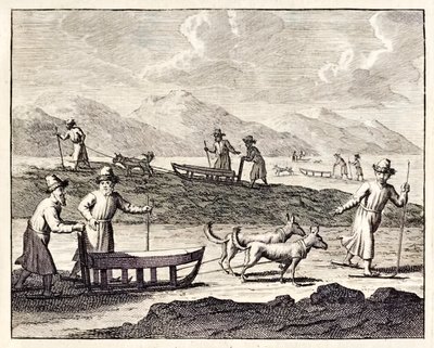 Venäläiset matkustavat koiravaljakoilla Siperiassa.”, Voyages de Corneille le Brunista. 1718 tekijältä Cornelis de Bruyn