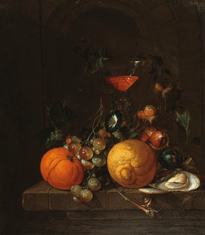 Sitruuna, appelsiini, viinirypäleet, osteri ja lasillinen viiniä reunalla tekijältä Cornelis de Heem