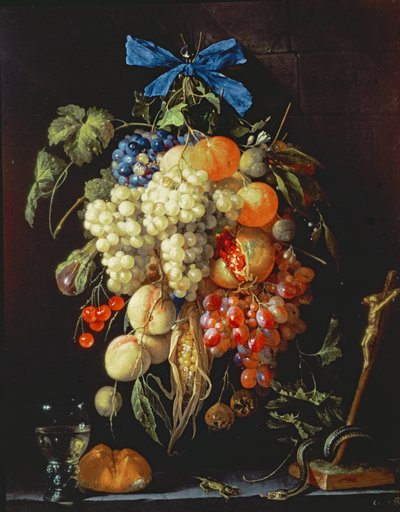Hedelmäkimppu ja eukaristiset symbolit alla olevalla reunalla. tekijältä Cornelis de Heem
